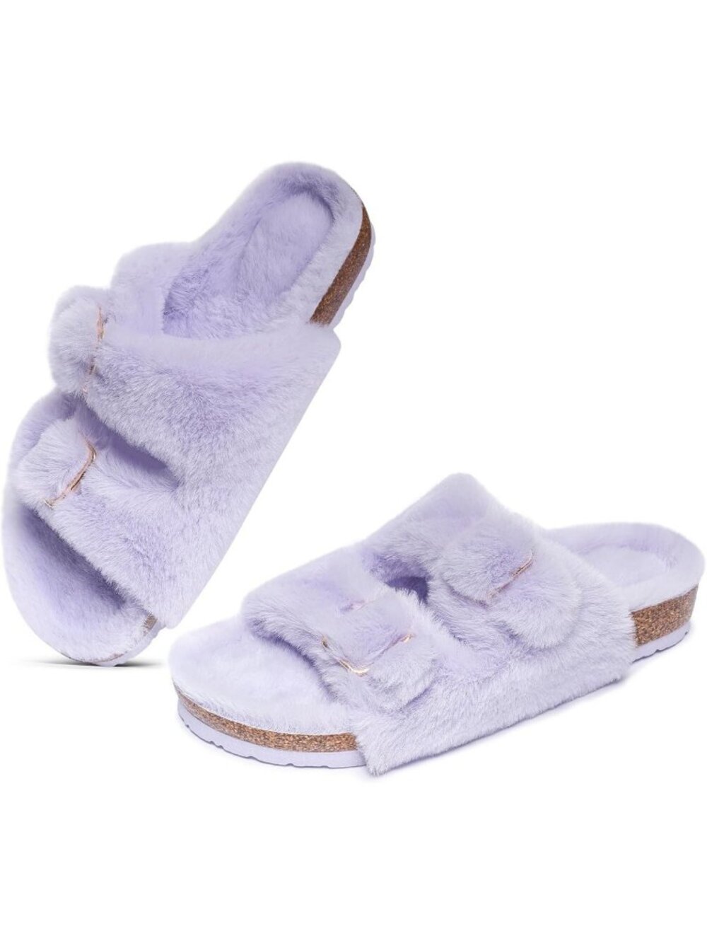 Cozy Open Toe Slippers for Women | Faux Rabbit Fur Cork Slide Sandals